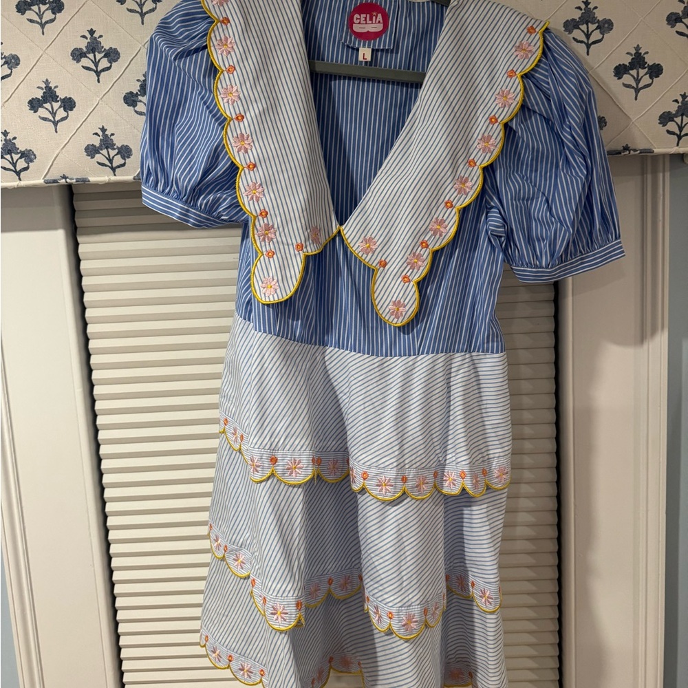 CeliaB Blue and White Striped Mini Dress with Yellow Accents